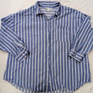 Old Navy Boyfriend Shirt Women XL Blue White Stripe Button Down Cotton